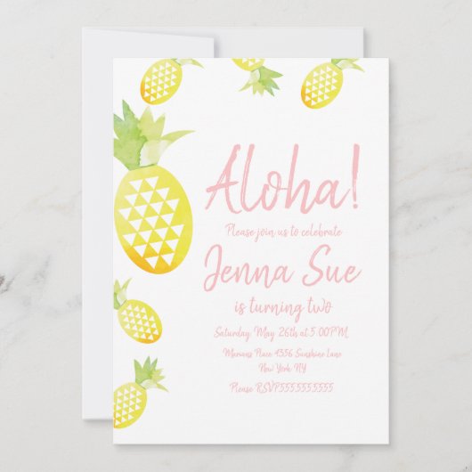 水彩パイナップル誕生日パーティーエイジルアウ（ハワイ式宴会）I 招待状 (正面)