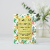 水彩パイナップル&ハイビスカス結婚トロピカル インビテーションポストカード (スタンド正面)
