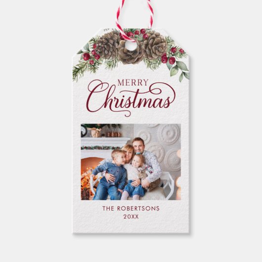 水彩パインコーンBurgundyクリスマスフォト ギフトタグ (正面)