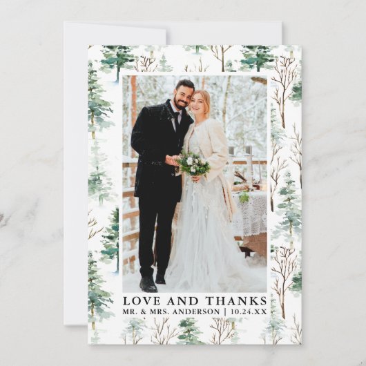 水彩パインズグリーンリー感謝していラヴ結婚ズ サンキューカード (正面)