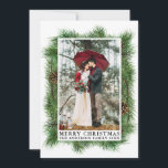 水彩パインズフレームフォトメリークリスマス シーズンカード<br><div class="desc">水モダン色エレガント緑の松のフレームと松のコーン写真メリークリスマスホリデーカード</div>