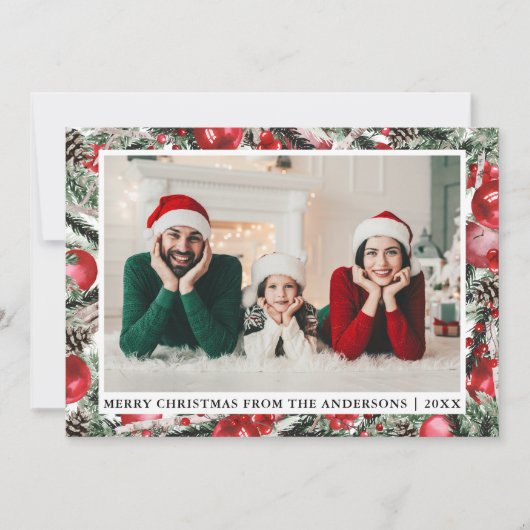 水彩パインズレッドオーナメント写真クリスマス シーズンカード (正面)