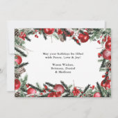 水彩パインズレッドオーナメント写真クリスマス シーズンカード (裏面)