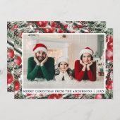 水彩パインズレッドオーナメント写真クリスマス シーズンカード (正面/裏面)