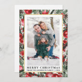 水彩パインズレッドクリスマスオーナメント写真 シーズンカード (正面/裏面)