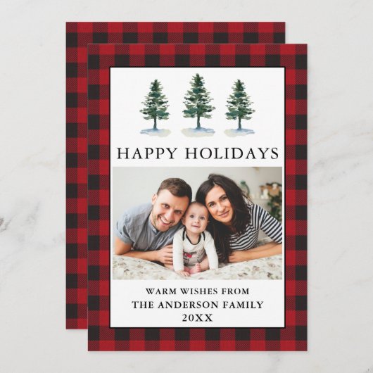 水彩パインズ赤い格子模様の写真 シーズンカード (正面/裏面)