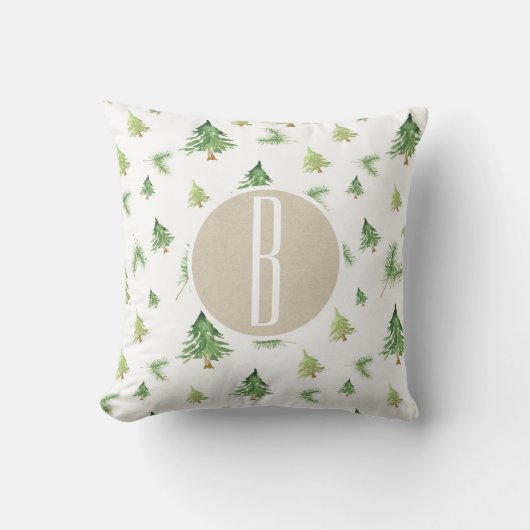 水彩パインツリーズモノグラムレターイニシャル クッション (正面)