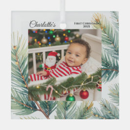 水彩パインフォトベビーの初めてのクリスマス ガラスオーナメント