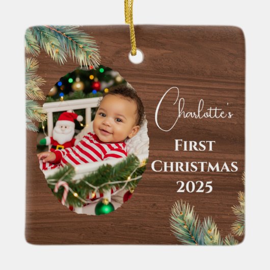水彩パインフォトベビーの初めてのクリスマス セラミックオーナメント (正面)