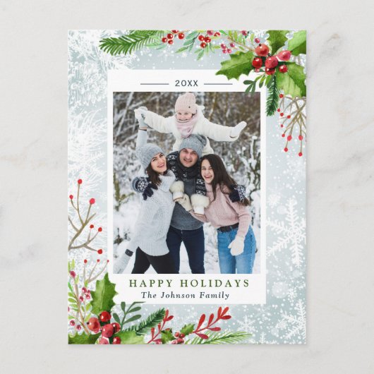 水彩パインミストレトークリスマス写真ホリデー ポストカード (正面)