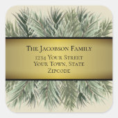 水彩パイン&金ゴールドリボンホリデーアドレス スクエアシール (正面)