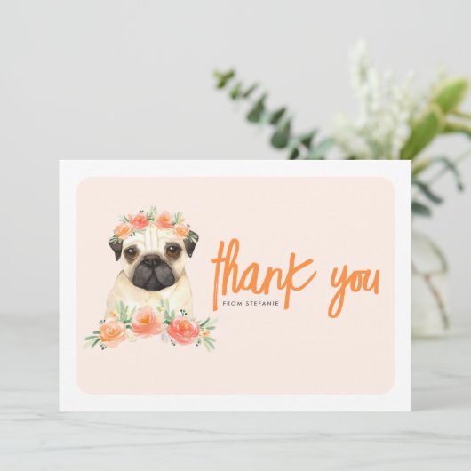 水彩パグ&ピーチフラワーバースデーパーティー サンキューカード (スタンド正面)