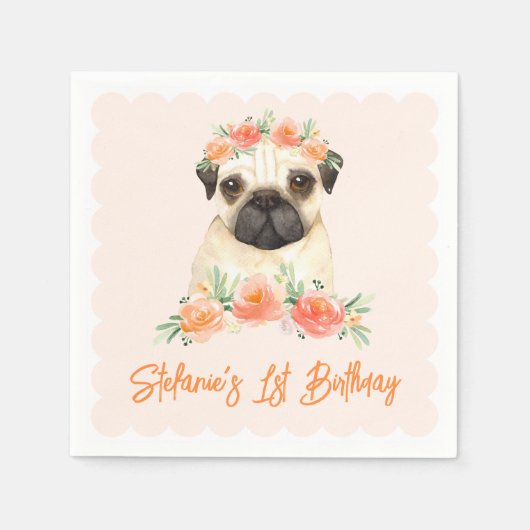 水彩パグ&ピーチフラワーファースト誕生日 スタンダードカクテルナプキン (正面)