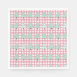 水彩パステルクリスマスツリーとピンクプレイド スタンダードランチョンナプキン