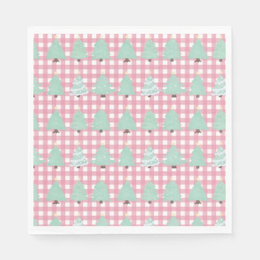 水彩パステルクリスマスツリーとピンクプレイド スタンダードランチョンナプキン (正面)