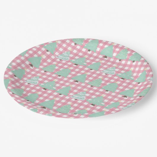 水彩パステルクリスマスツリーとピンクプレイド ペーパープレート (アングル)