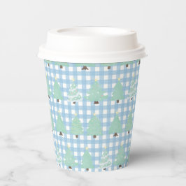 水彩パステルクリスマスツリーとブループレイド 紙コップ