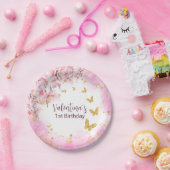 水彩パステルピンクの花金ゴールド蝶 ペーパープレート (パーティー)