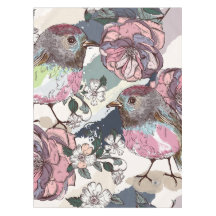 水彩パステルピンクの鳥と花