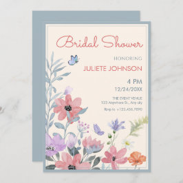 水彩パステルフラワーバタフライブライダルシャワー 招待状