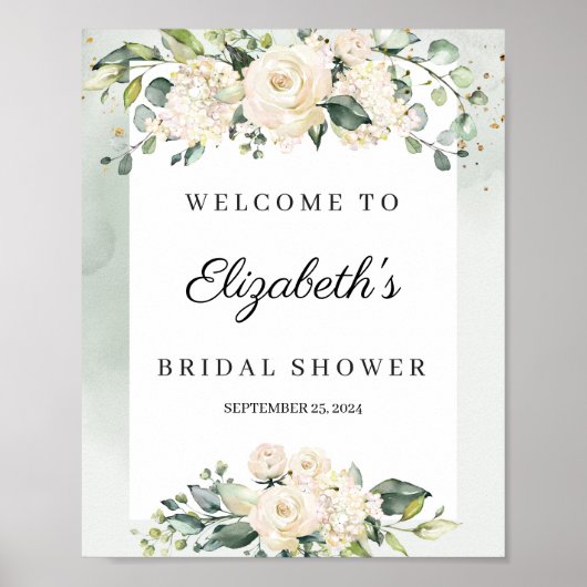 水彩パステルホワイトローズ ブライダルシャワー ポスター (正面)