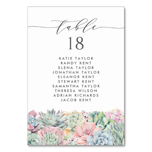 水彩パステル多肉植物 ウェディング 席札 テーブルナンバー (正面)