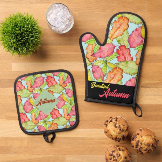 水彩パターカラフルン美しいフェイイ離れの 鍋つかみ&鍋敷きセット (トップダウン)