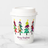 水彩パターン（の模様が）あるクリスマスツリー 紙コップ (正面)