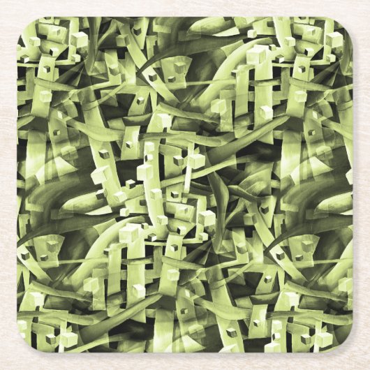 水彩パターン(緑抽象芸術) コンテンポラリー スクエアペーパーコースター (正面)