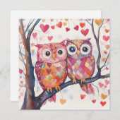 水彩パッチワークフクロウペアバレンタイン シーズンカード (正面/裏面)