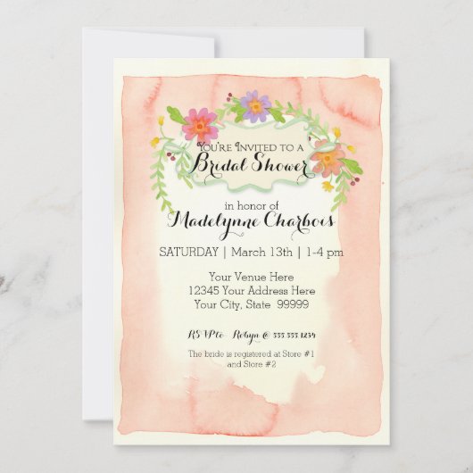 水彩パテモダンリーフローラブライダルシャワー 招待状 (正面)