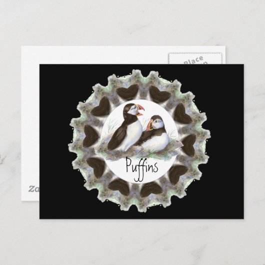 水彩パフィンファン用ハート付きパフィン ポストカード (正面/裏面)