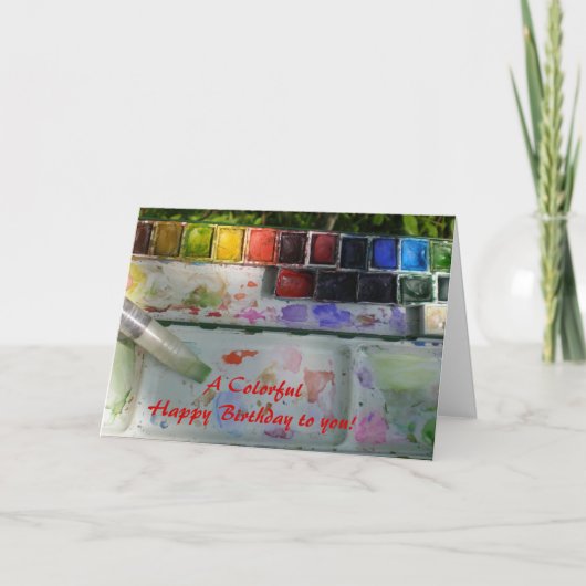 水彩パレットとブラシハッピーバースデー カード (正面)