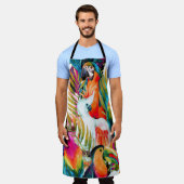 水彩パロット：熱帯シームレスパターン エプロン (着用した状態)