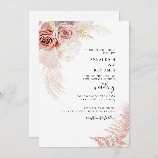 水彩パンパスグラス水彩結婚色 招待状 (正面/裏面)