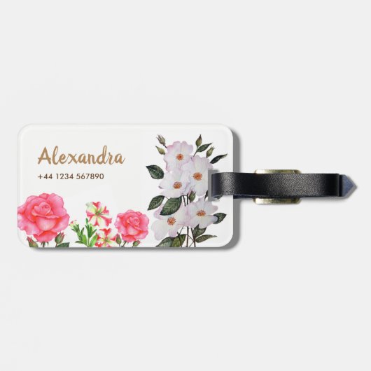 水彩パーソナライズされたピンクフラワーフローラアート ラゲッジタグ (裏面横)