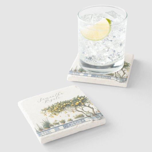 水彩パーソナライズされたレモンブルータイルを引き立てる ストーンコースター (横)