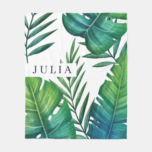 水彩パーソナライズされた熱帯葉 フリースブランケット (正面)
