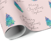 水彩パーソナライズされた赤面ピンクメリークリスマス ラッピングペーパー (ロールコーナー)