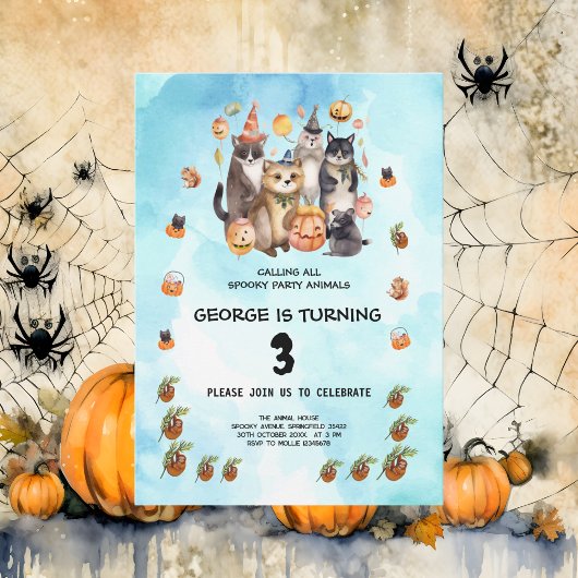 水彩パーティー動物テーマ子供の誕生日パーティー 招待状