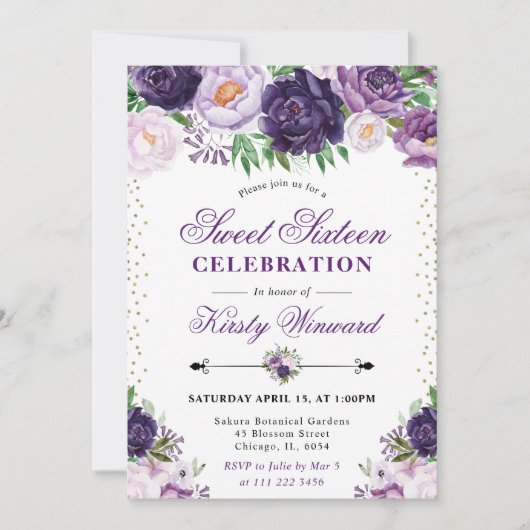 水彩パープルとクリームフラワースウィート16 招待状 (正面)