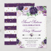 水彩パープルとクリームフラワースウィート16 招待状 (正面/裏面)