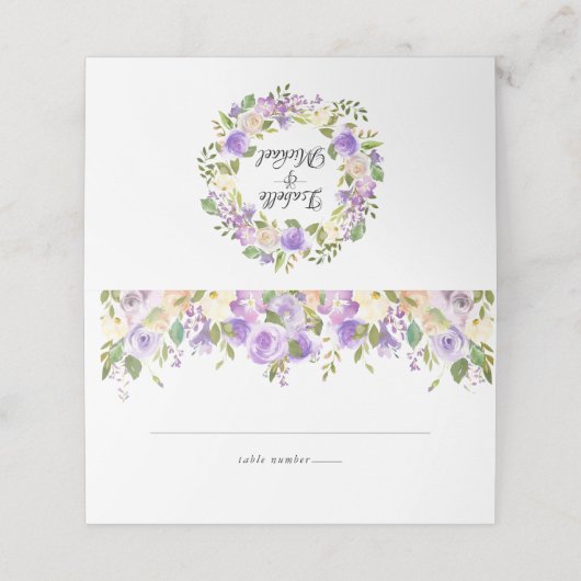 水彩パープルとクリームフローラ結婚ズ プレイスカード (外部開封)