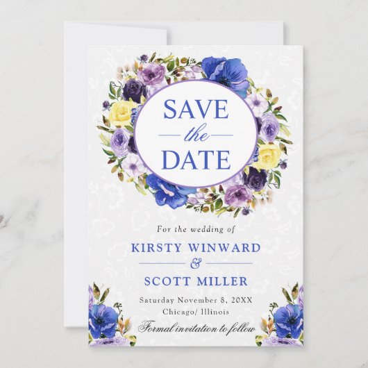 水彩パープルとクリームリース結婚ズ セーブザデート (正面)
