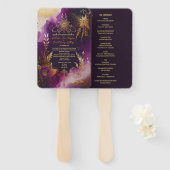 水彩パープルとゴールドの花のウェディングプログラム ハンドファン (正面&裏面)