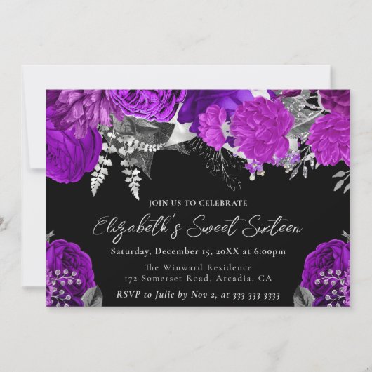 水彩パープルとシルバーのバラSweet sixteen 招待状 (正面)