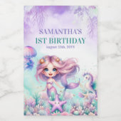 水彩パープルとティール(緑がかった色)マーメイド1歳の誕生日 ワインラベル (シングルラベル)