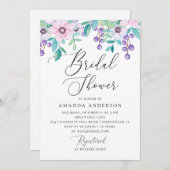 水彩パープルとピンクのフローラブライダルシャワー 招待状 (正面/裏面)