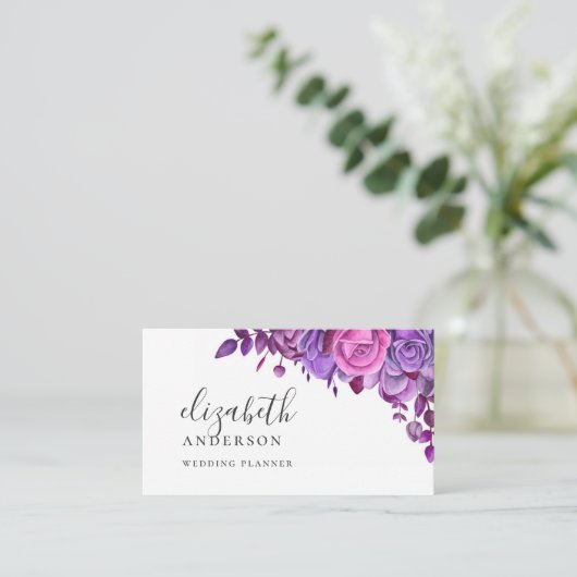 水彩パープルとピンクのフローラプロフェッショナル 名刺 (スタンド正面)