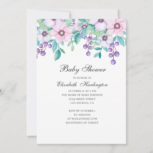 水彩パープルとピンクのフローラベビーシャワー 招待状 (正面)